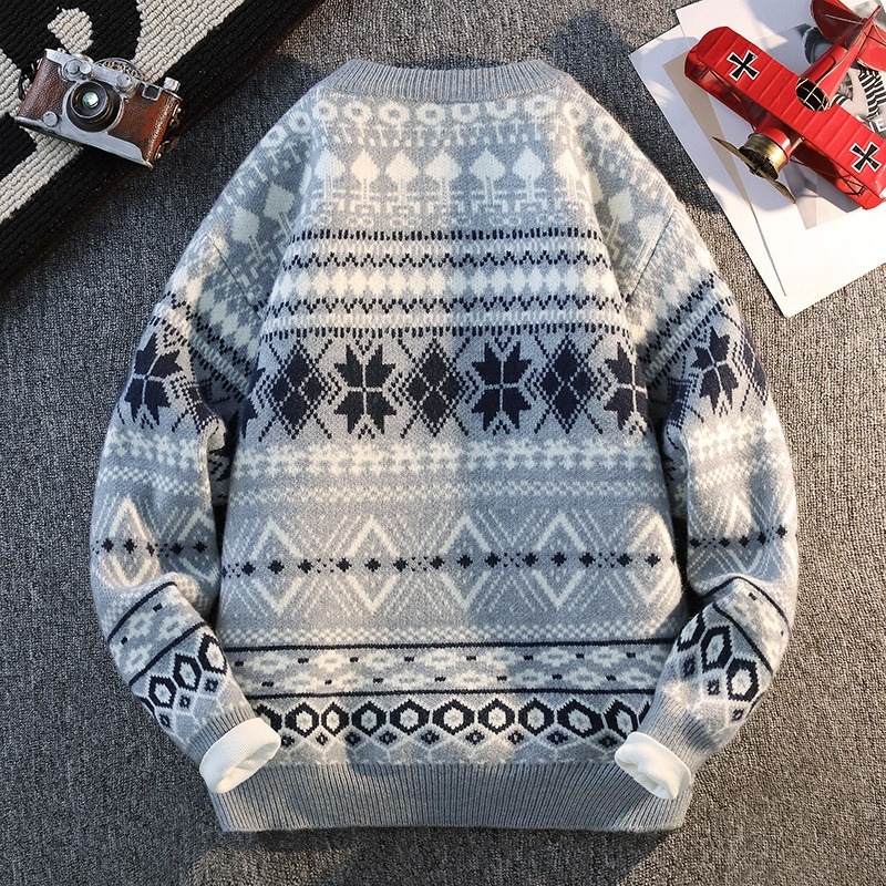 Ethnic Fashion Men - メンズ秋冬プルオーバーラウンドネック長袖カジュアルエスニックスタイルセーターニットウェアファッショントップス