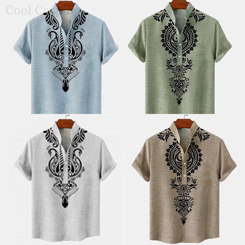Ethnic Fashion Men - 男性レトロトップスヘンリーシャツメンズ 3D 印刷エスニックスタイルシャツファッションボタンダウン襟半袖高品質