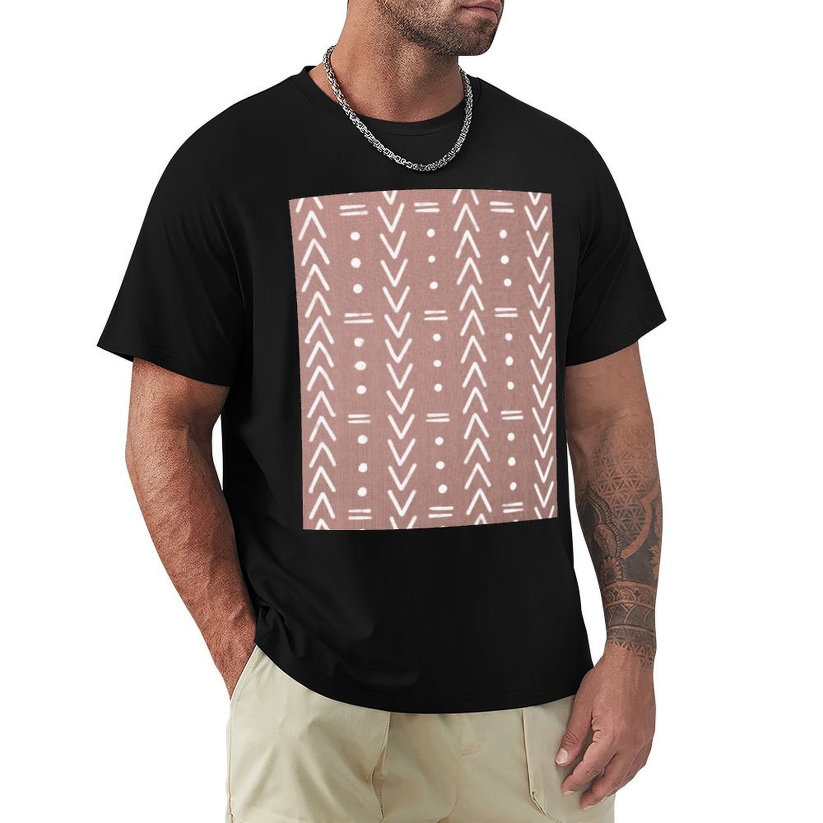 Mudcloth Print Top - マッドクロス ホワイト 幾何学模様 ブラッシュピンク Tシャツ 軽量ジムトレーニングTシャツ