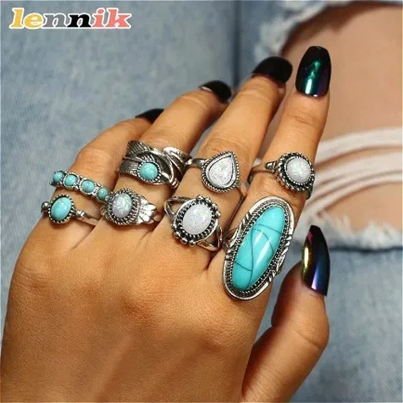 Ethnic Wear Fashion Designer - LENNIK ホットボヘミアン女性用エスニックレトロターコイズフェザーリングセット 8 ピースファッション彫刻デザインデイリー & パーティーギフトウェアアクセサリー
