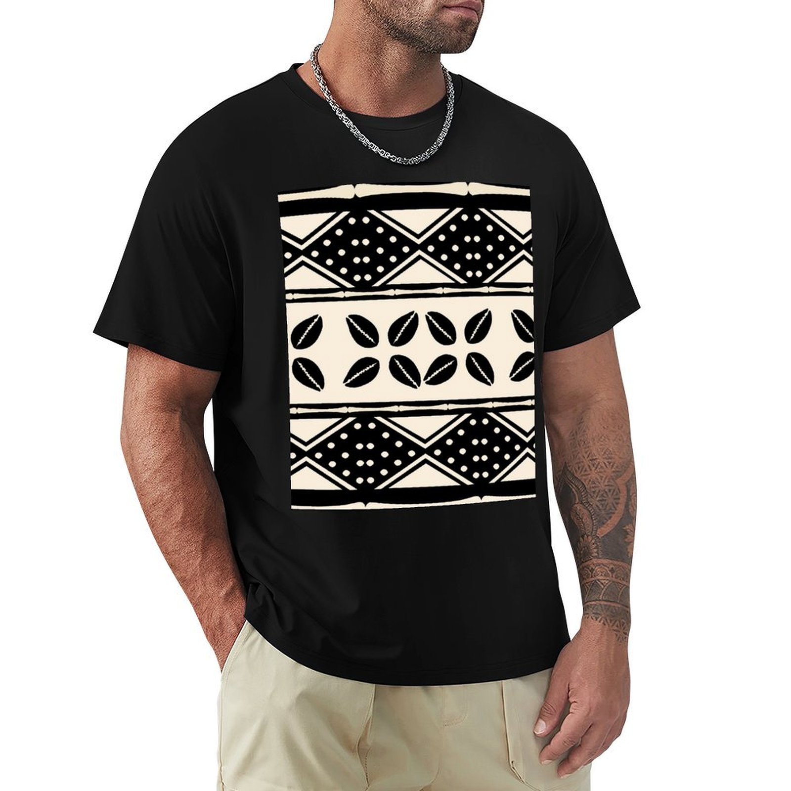 Mudcloth Print Top - アフリカの抽象的なマッドクロス柄Tシャツ デイリーカジュアル半袖Tシャツ