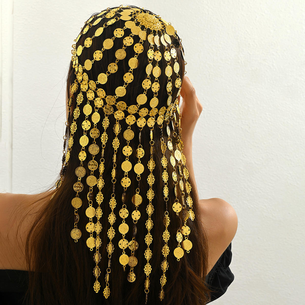 Ethnic Fashion Co In - ボヘミアンエスニック合金タッセル女性のヘッドキャップゴールドコイン彫刻ヘッドチェーン帽子ヘアジュエリー