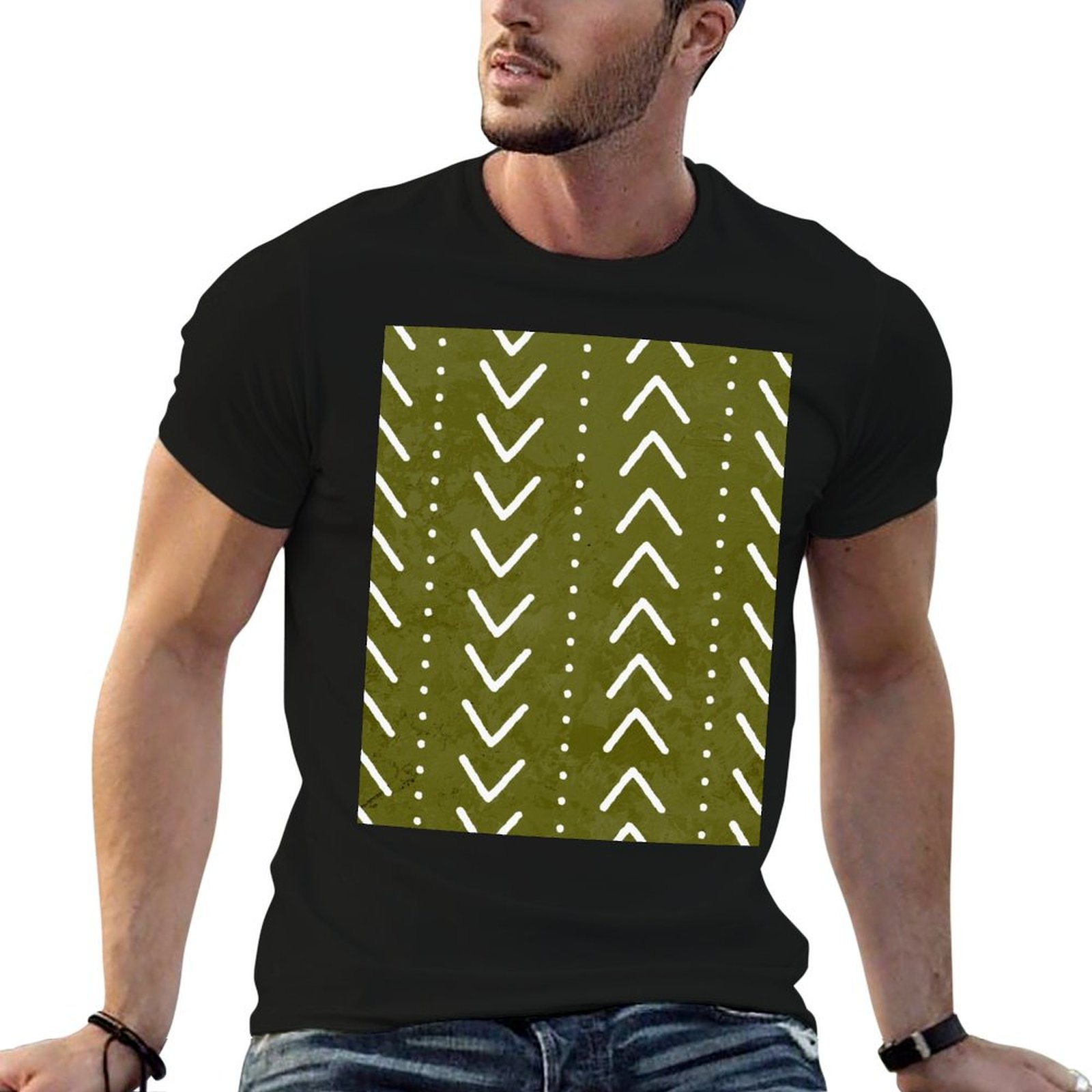Mudcloth Print Top - オリーブグリーン マッドクロス アローズパターン Tシャツ 通気性のあるトラベルTシャツ