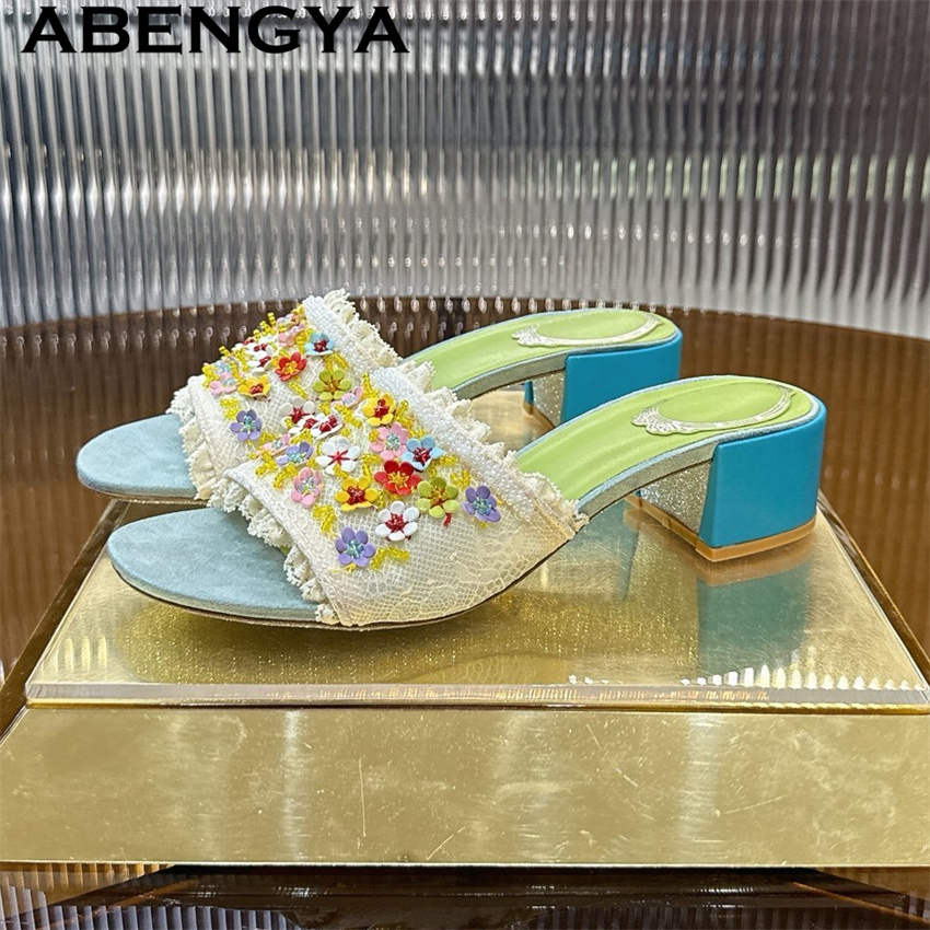 Ethnic Style - エスニックスタイル小花柄スクエアチャンキーヒールスリッパ女性オープントゥスリングバックボヘミアフラワーフェアリーサマーパーティーシューズ Mujer