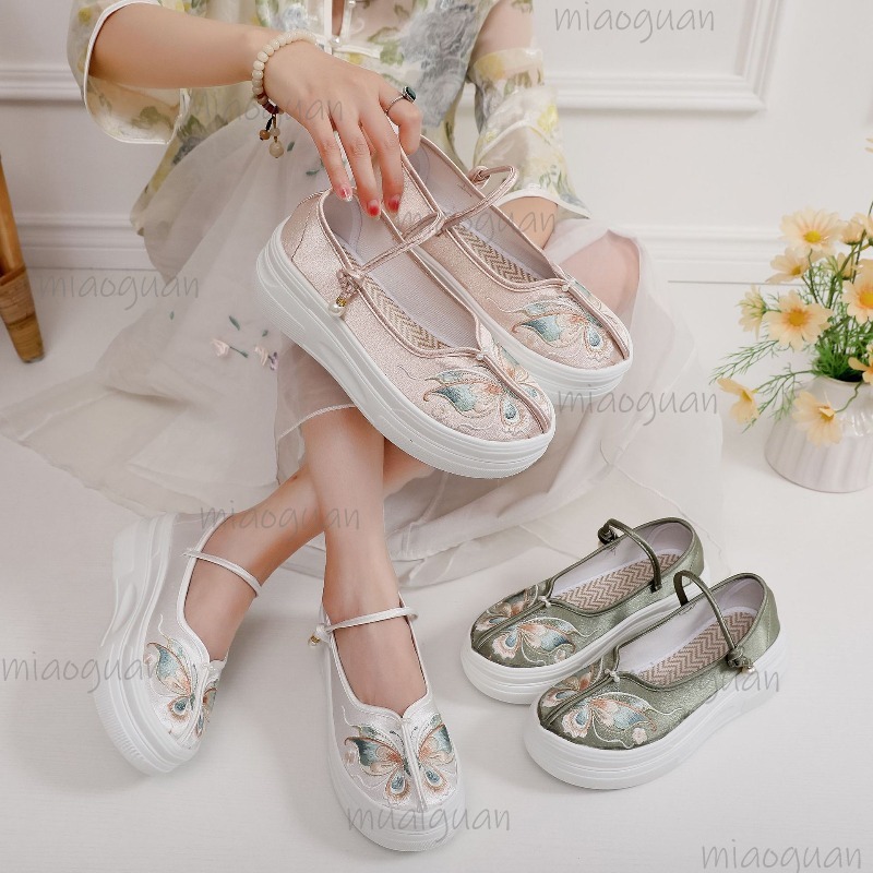 Ethnic Style - 女性の中国風の刺繍入りプラットフォームメリージェーンズバタフライ厚底シューズアンクルストラップ快適なカジュアルエスニックスニーカー