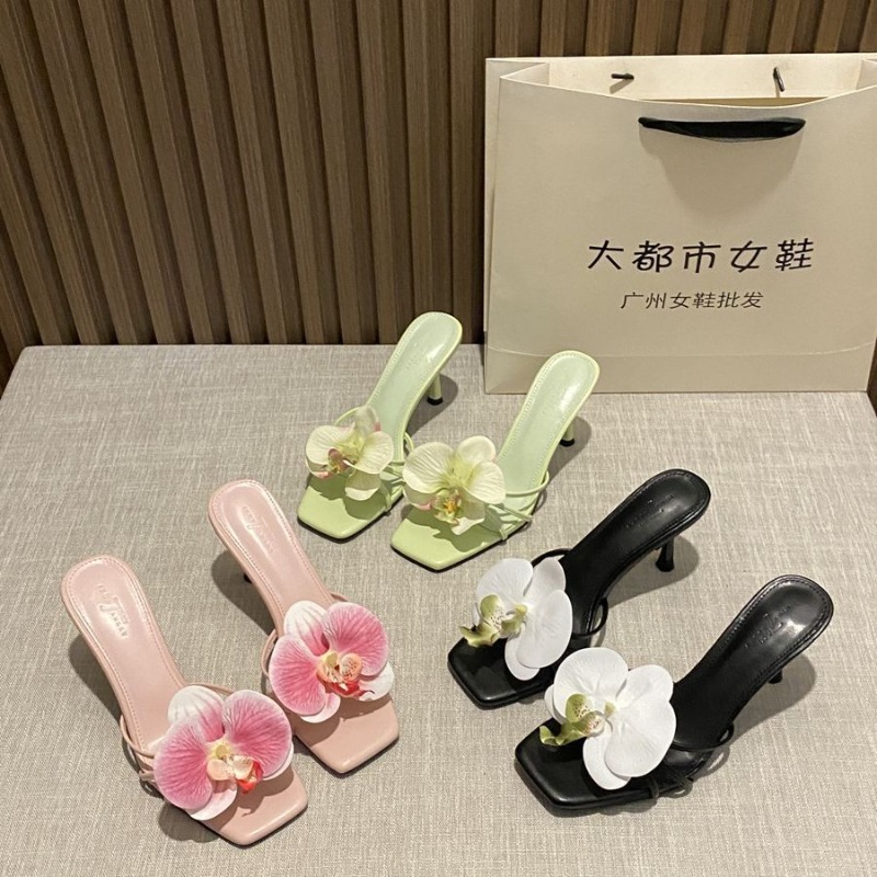 Ethnic Style - 花飾り付きレディーススリッパ ハワイアンボヘミアンバケーションスタイル レディースハイヒールスリッパ スクエアヘッドオープントゥスリッパ スライド