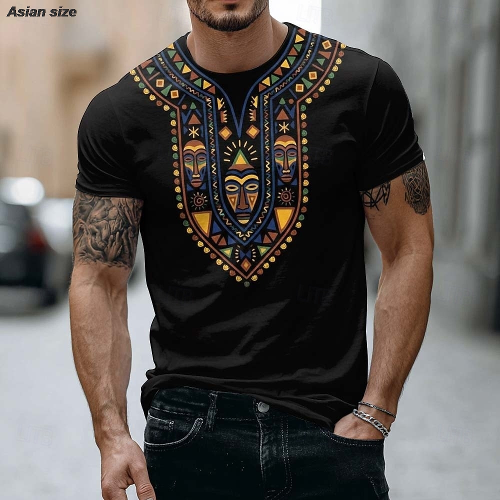 Dashiki Shirt Men - 2026 メンズアフリカ部族マスクTシャツ エスニックダシキスタイル グラフィックTシャツ ブラック半袖カジュアルトップス 衣類アパレル