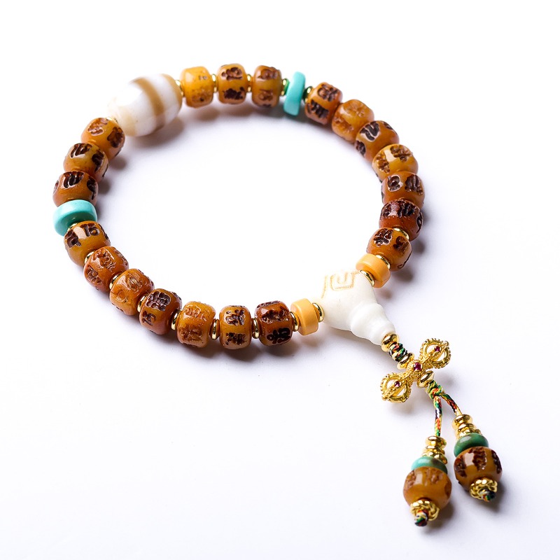 Ethnic Fashion Way - 骨彫り六字真言金剛杵チベットブレスレット、鹿角三連エスニックスタイル祈願ビーズブレスレットギフト