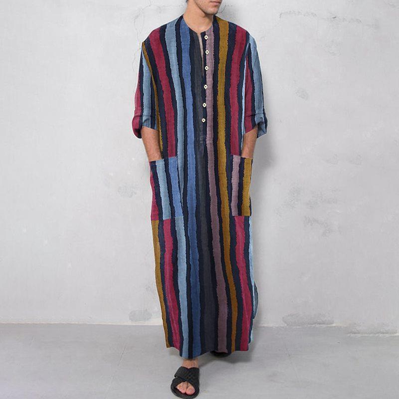 Ethnic Wear Fashion Designer - メンズロングストライププリントシャツエスニックスタイルカジュアルウェア100%その他素材伝統的な中国デザイン秋のファッション