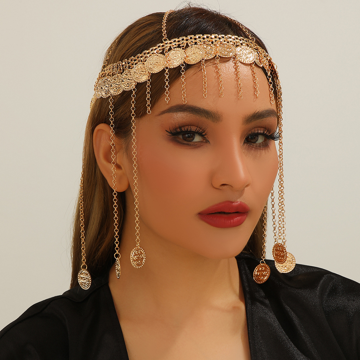 Fashion Ethnic Indian Clothing - インディアンヘッドチェーンジュエリーゴールドカラースパンコールコインタッセルヘアチェーン衣類ヘッドピースヘアアクセサリー女性と女の子のため