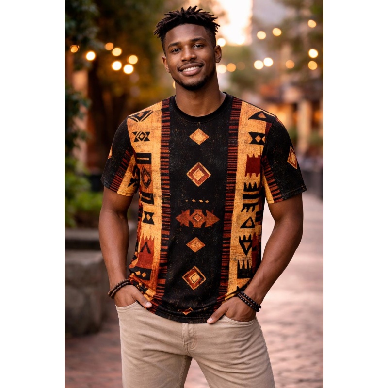 Mudcloth Print Top - 部族アフリカ泥布パターン Tシャツ男性用エスニックグラフィック 3D プリント Tシャツ夏半袖 O
