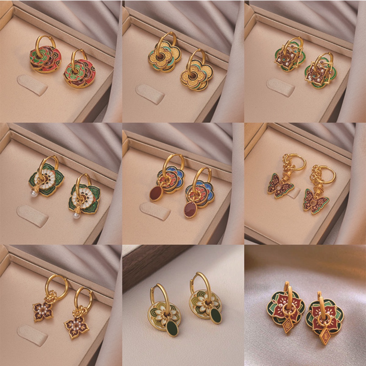 Ethnic Fashion Way - エスニック中国のカラフルなエナメルイヤリング女性のためのレトロなデザインゴールドメッキ花の形の複数の着用方法高級ジュエリーギフト