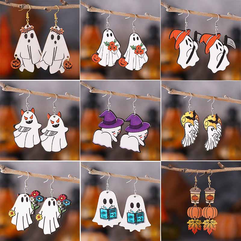 Ethnic Fashion Book - 女性のためのハロウィーンの感謝のイヤリング,ゴースト,カボチャ,花,シス,ブックイヤリング,両面,木製のイヤリング,理想的なギフト,新しいコレクション