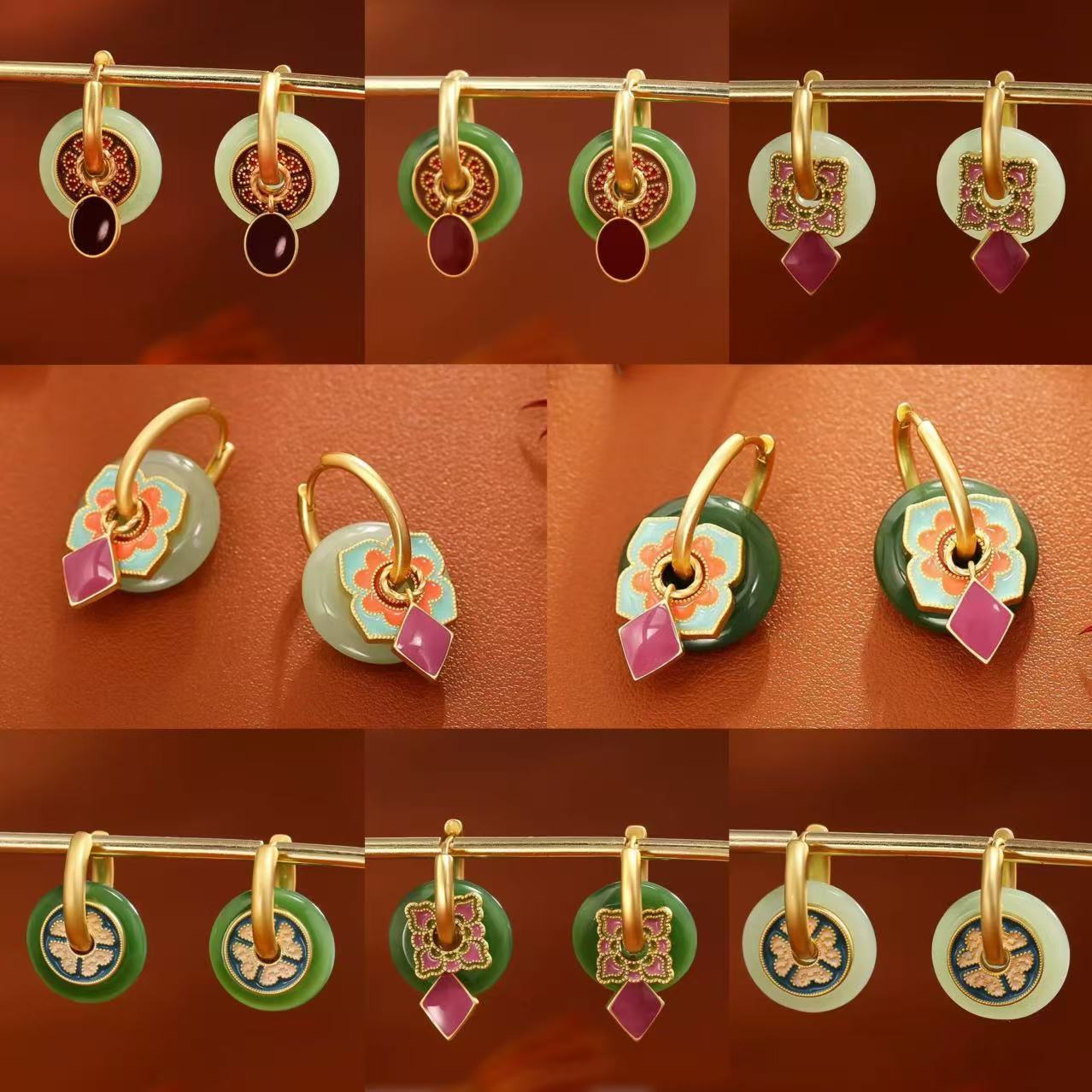 Ethnic Fashion Way - S925 新中国風のイヤリング女性のためのカラフルな塗装エナメル翡翠ペンダント複数の着用方法扇形のエレガントなジュエリー