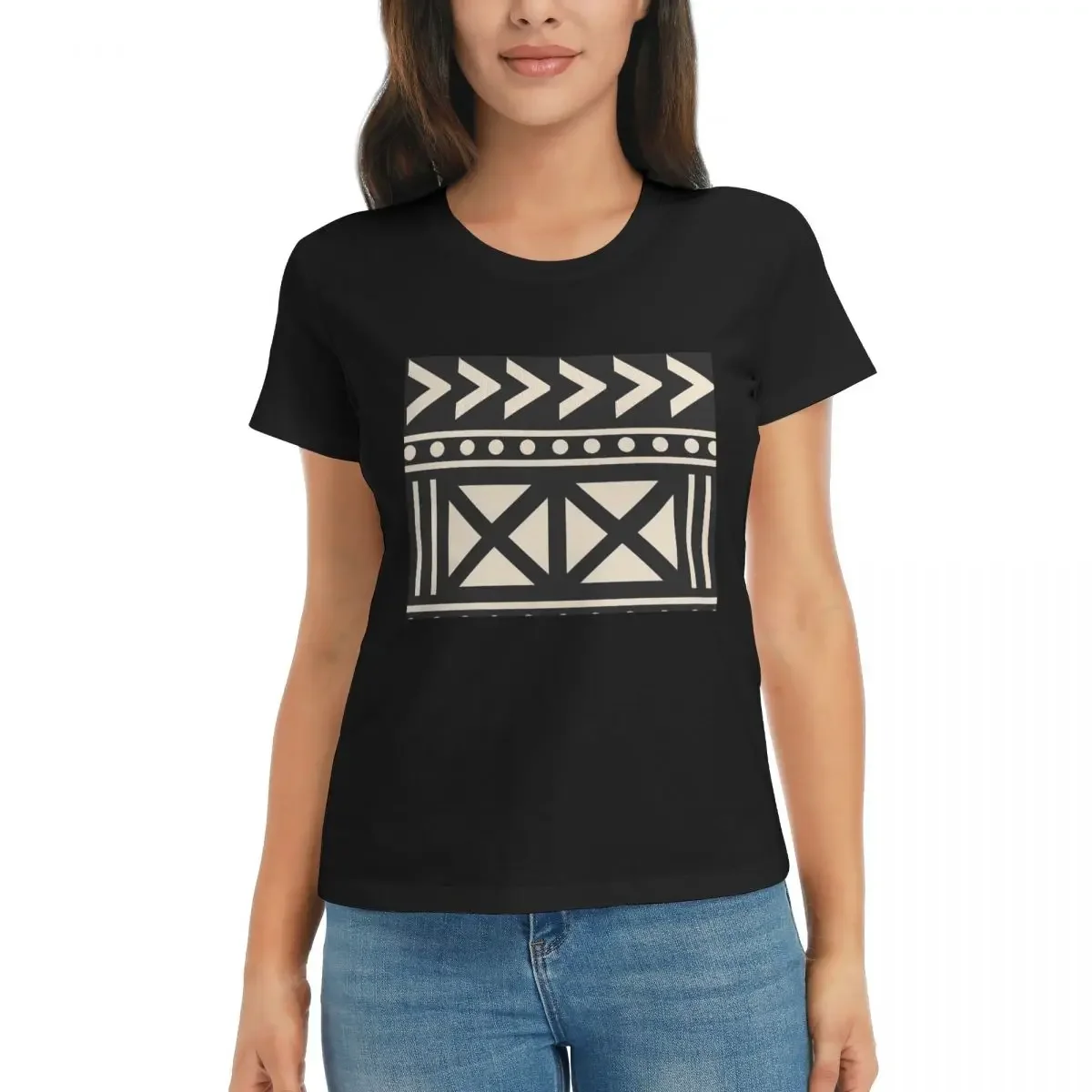 Mudcloth Print Top - 女性 Tシャツアフリカ泥布黒と白のトレンド夏半袖 Tシャツラウンドネックコットン Tシャツ服トップス