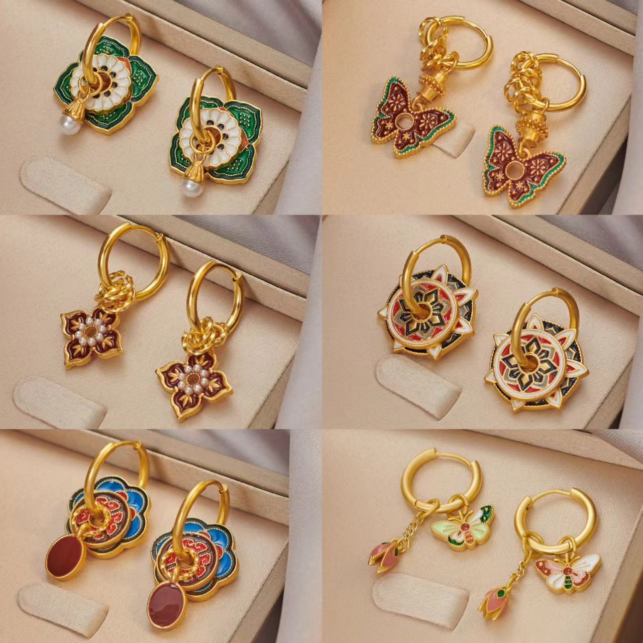 Ethnic Fashion Way - 女性のための中国の金メッキエナメルイヤリング,カラフルなエスニックデザイン,複数の着用方法,花の形,高級ジュエリーギフト