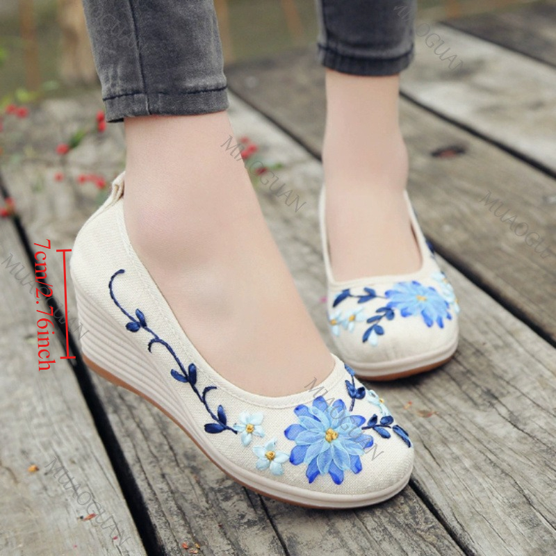 Ethnic And Fashion - 刺繍入り女性用コンフォートウェッジプラットフォームシューズ、ファッションボウノットレディースハイヒールパンプス、ヴィンテージエスニック女性用ヒール付きフットウェア