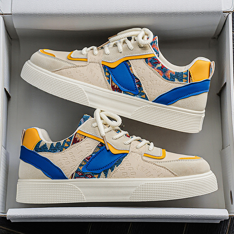 Ethnic Fashion Men - メンズヴィンテージパッチワークプラットフォームスニーカー - エスニックトライバルプリントローカットカジュアルシューズ、レトロファッションウォーキングスニーカー（男性用）