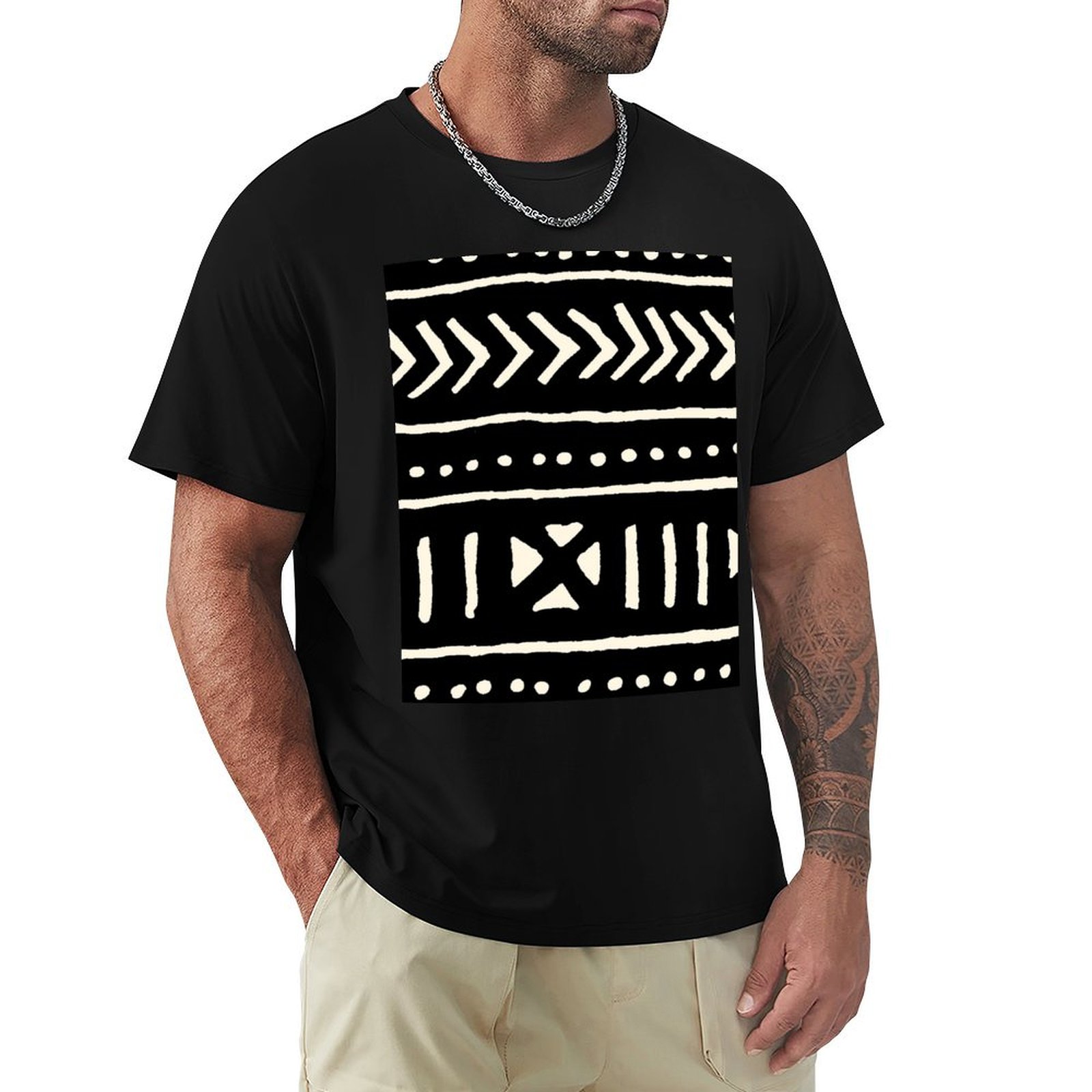 Mudcloth Print Top - アフリカンマッドクロスの白黒Tシャツ 軽量ジムトレーニングTシャツ