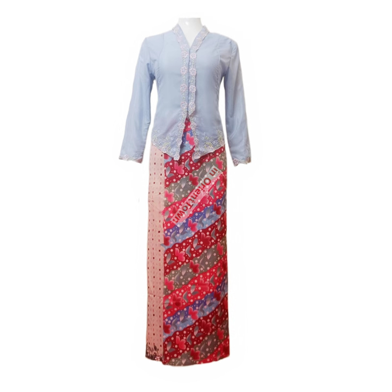 Thai Silk Blouse - 東南アジア諸国 ブルーピンク刺繍レース刺繍ブラウス+ヒップ巻きスカート 夏 マラッカ ネオニョーヤ服