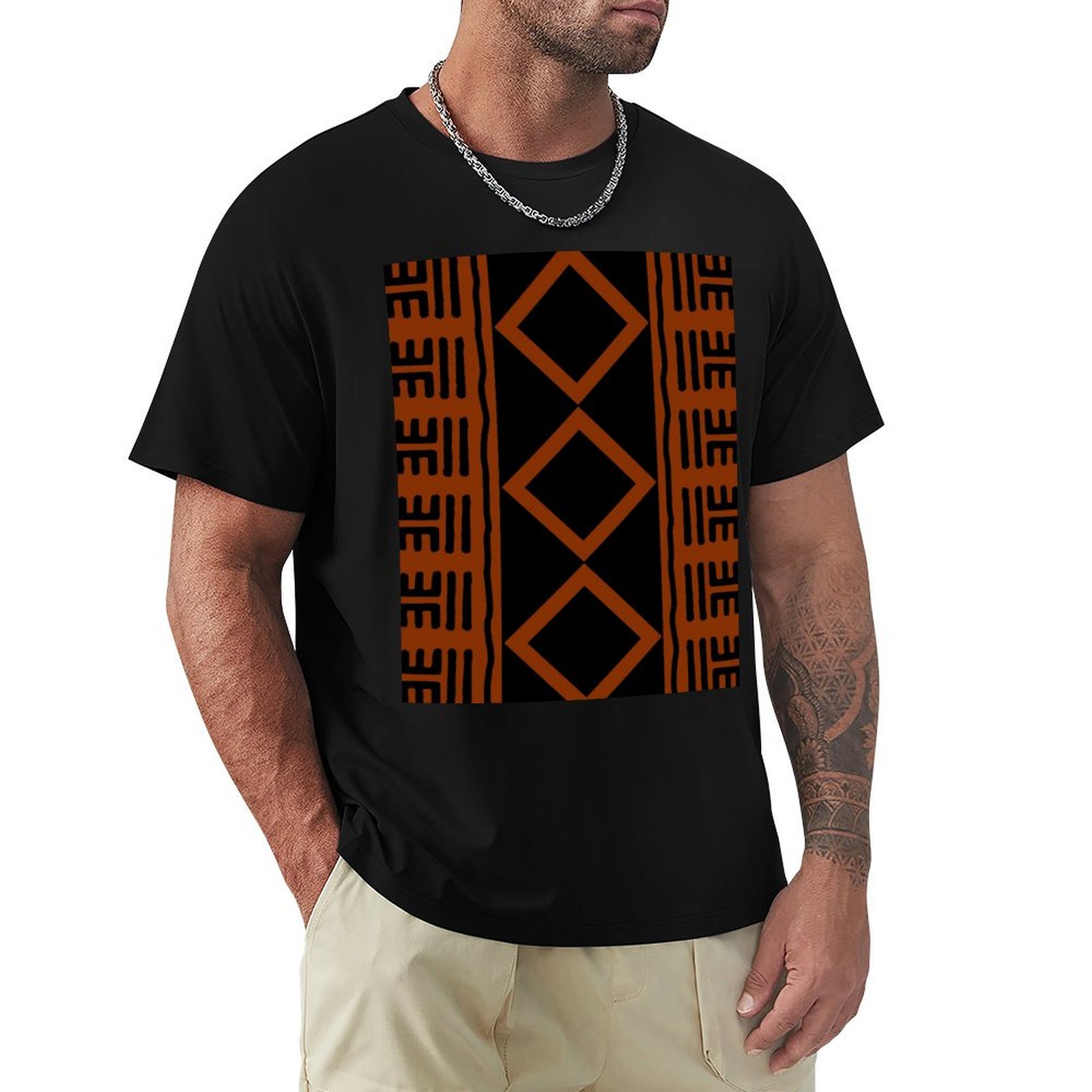 Mudcloth Print Top - 錆色のアフリカンマッドクロスTシャツ ベーシックカジュアルウェア 半袖トップス