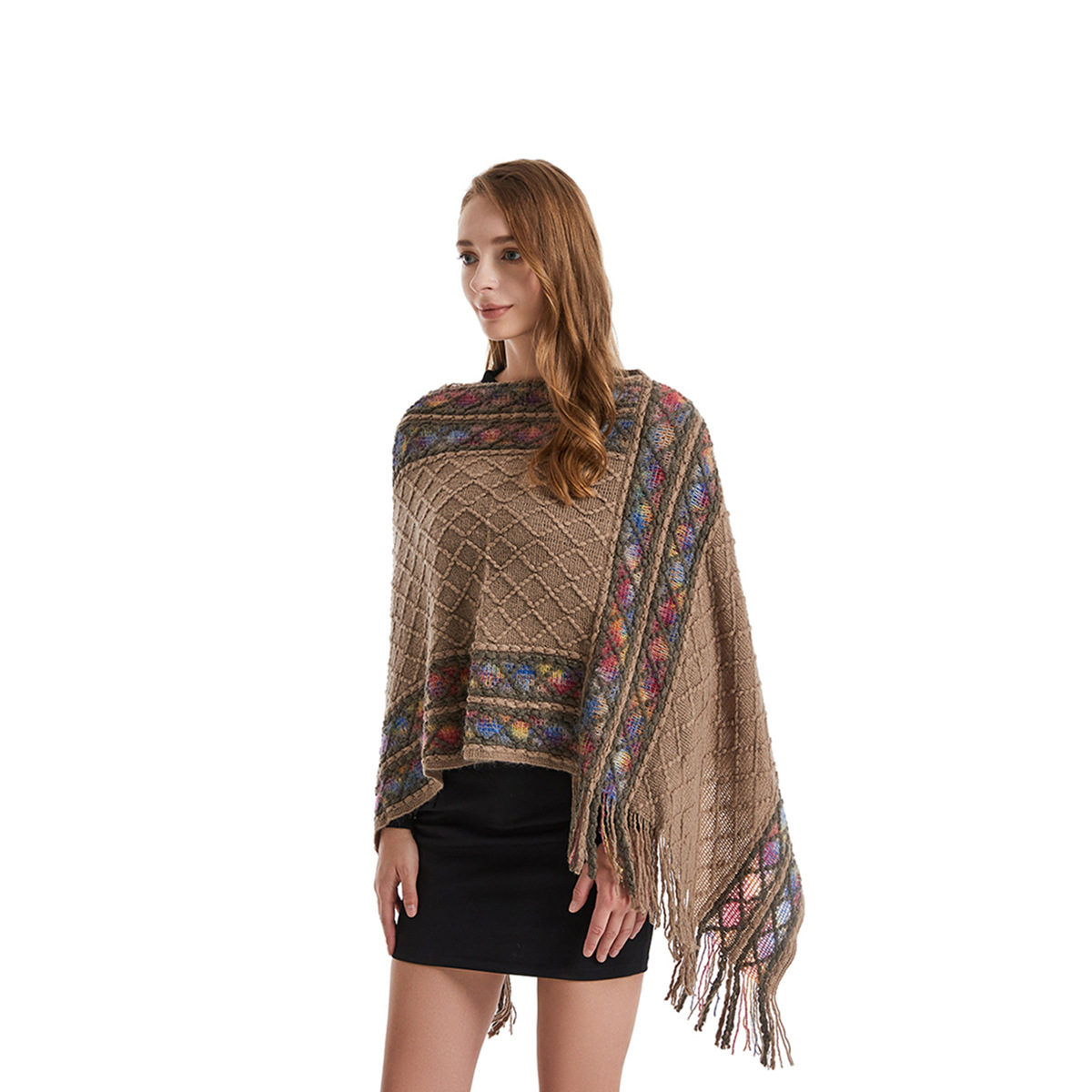 Ethnic Fashion Way - タッセル付きの女性用双方向ニットポンチョ、ユニークなヴィンテージショール、ゆったりとしたエスニックセーター、レトロなスタイルのプルオーバー、女性用ショール、春と秋