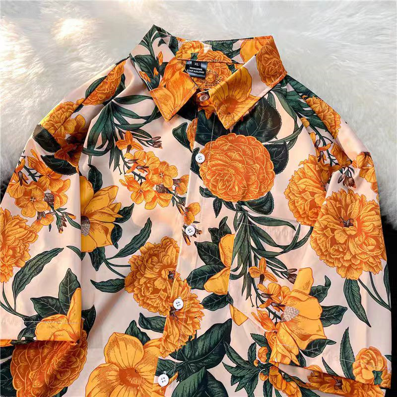 Thai Silk Blouse - 男性と女性のための半袖シャツ,レトロな日本のハワイスタイル,オレンジ,花柄,ヒップホップ,韓国,カジュアル,夏,2025