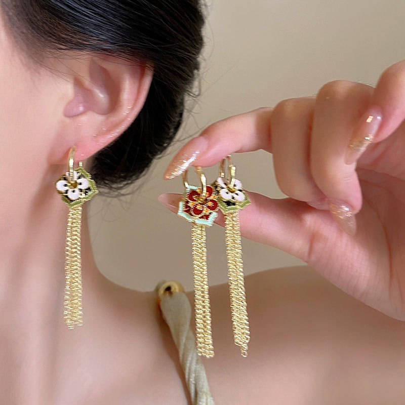 Ethnic Fashion Way - エスニック中国風カラーエナメル多用途イヤリング女性用ゴールデンメタルタッセル雪の結晶型高級パーティージュエリー