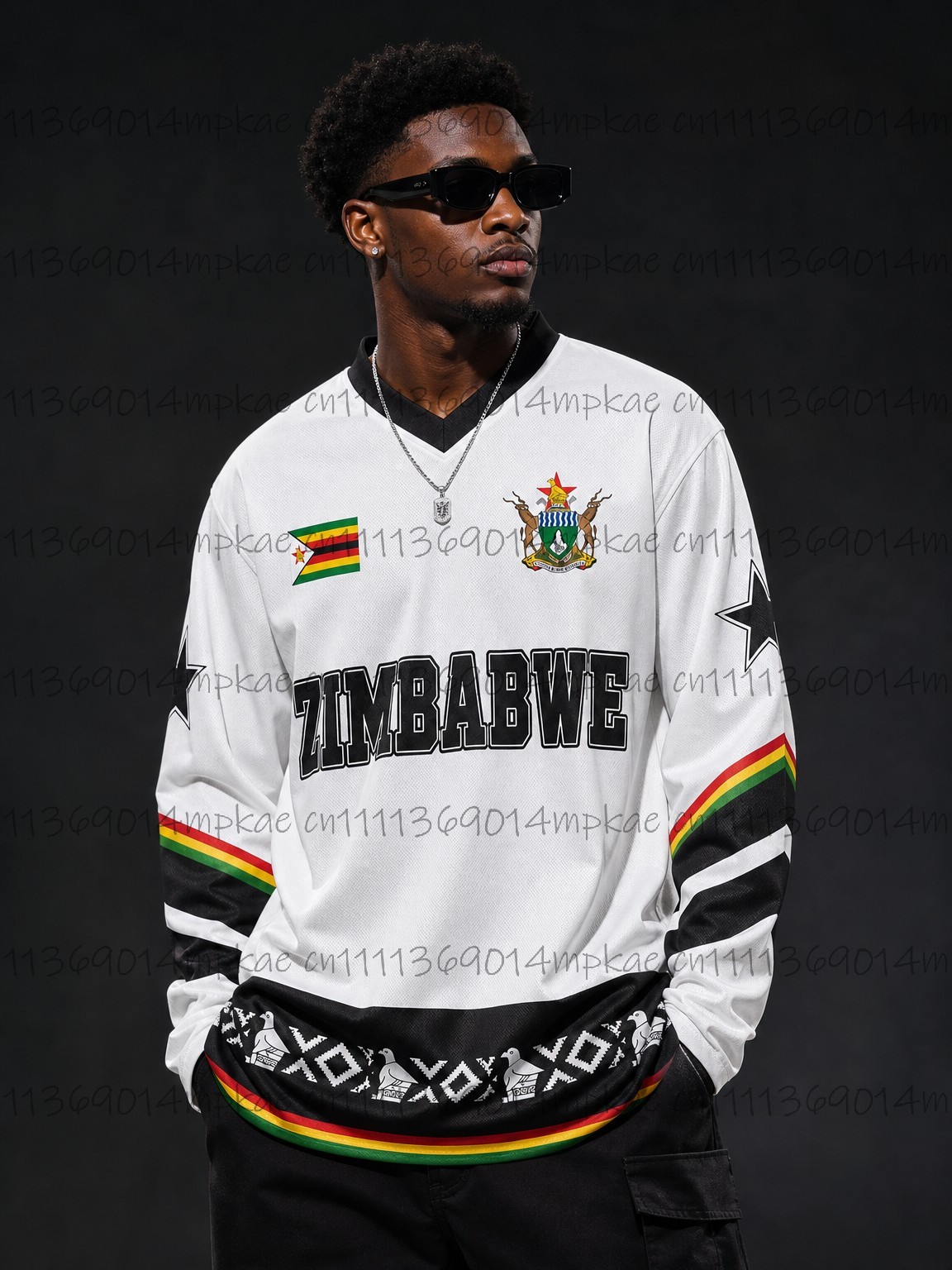 Ethnic And Fashion - 秋のジンバブエ民族風ストリートスタイルプリントメンズVネック長袖Tシャツ、ファッショナブルなルーズレトロスポーツシャツ、メンズトップス