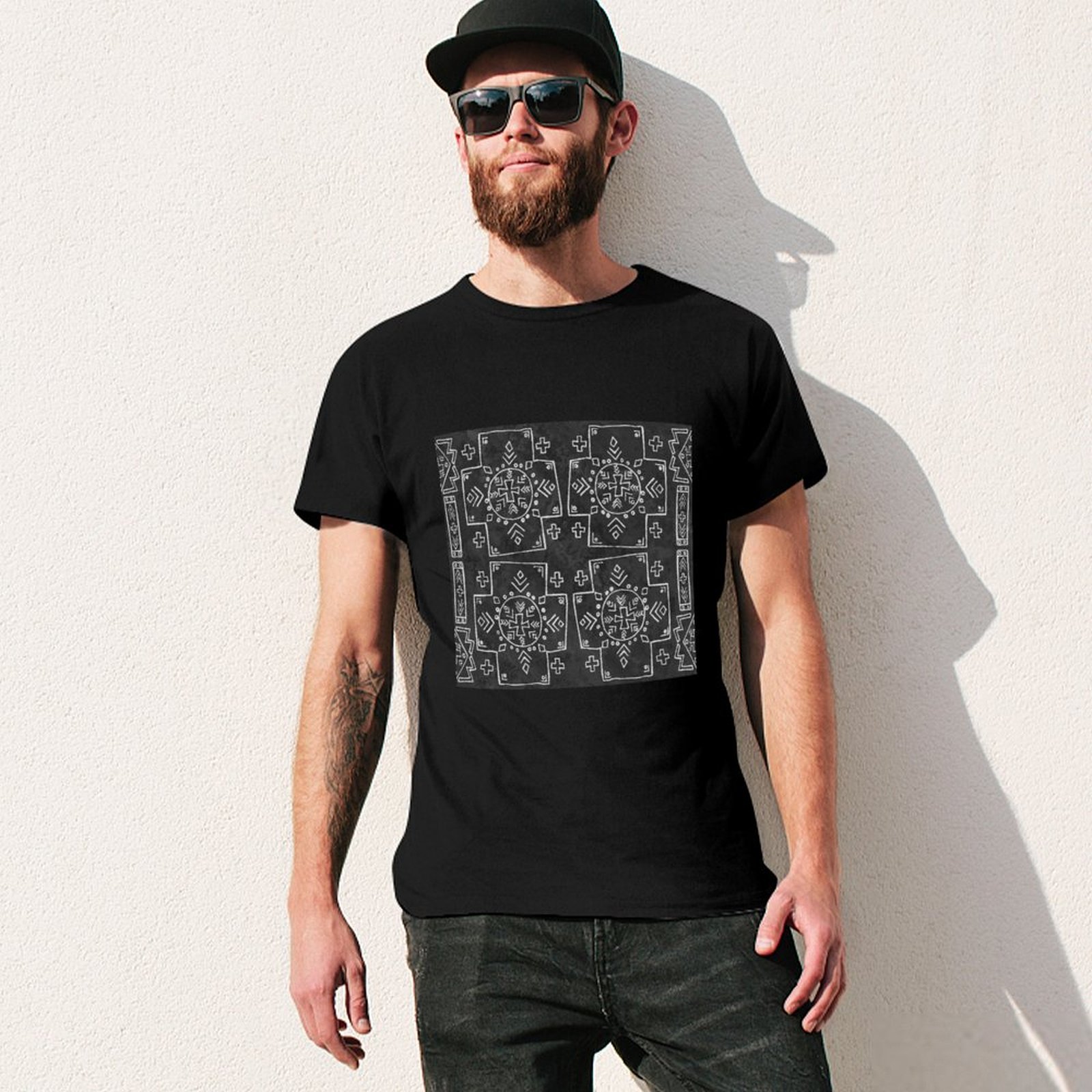 マリの部族の泥染め布、十字架とシンボル、黒のTシャツ、ユーテ - Mudcloth Print Top のレビューと価格