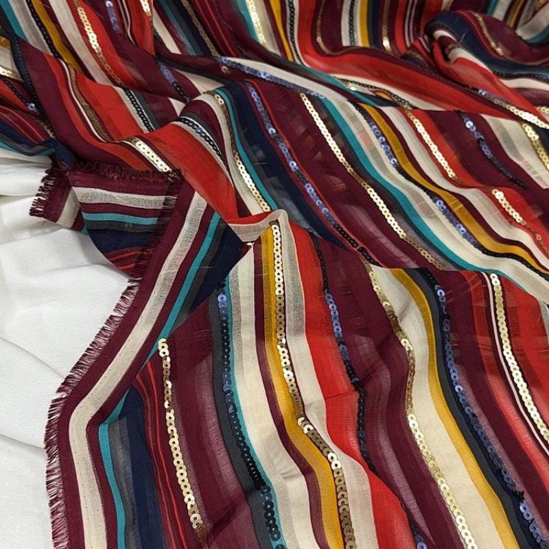 カラフルなストライプ刺繍スパンコール生地エスニックスタイルシ - Ethnic Fashion Designers のレビューと価格