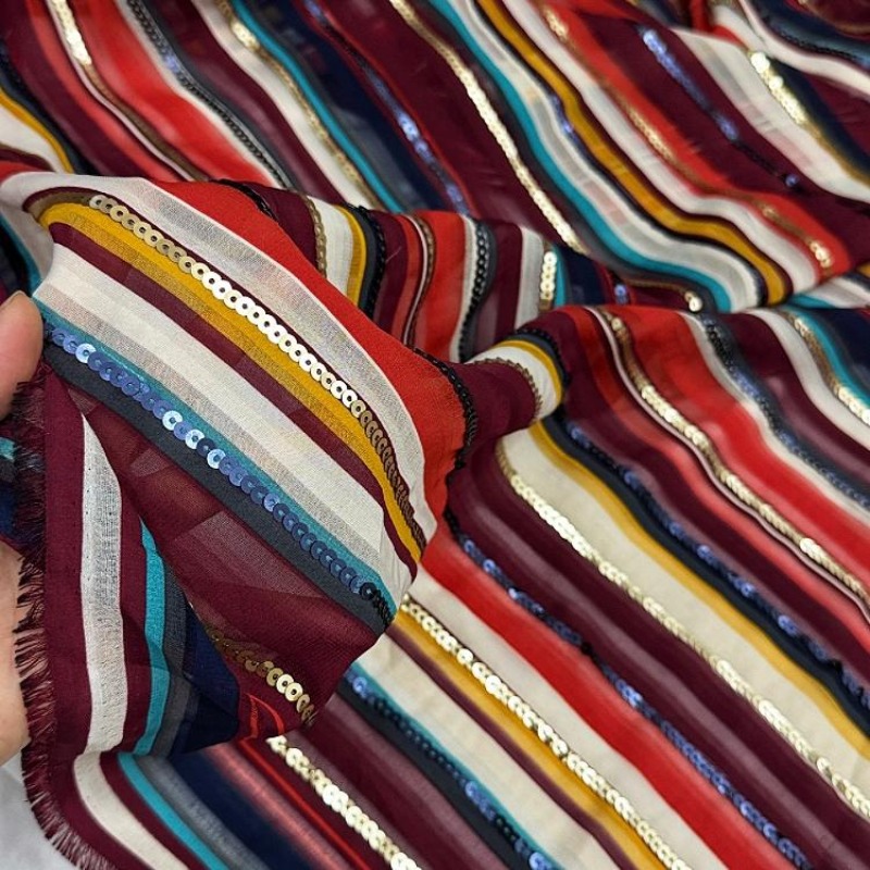 カラフルなストライプ刺繍スパンコール生地エスニックスタイルシ - Ethnic Fashion Designers のレビューと価格