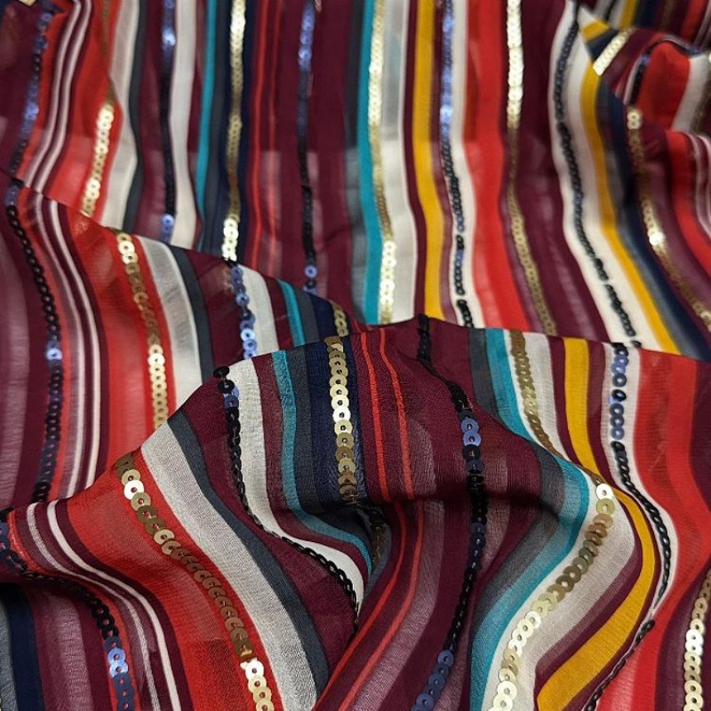 カラフルなストライプ刺繍スパンコール生地エスニックスタイルシ - Ethnic Fashion Designers のレビューと価格