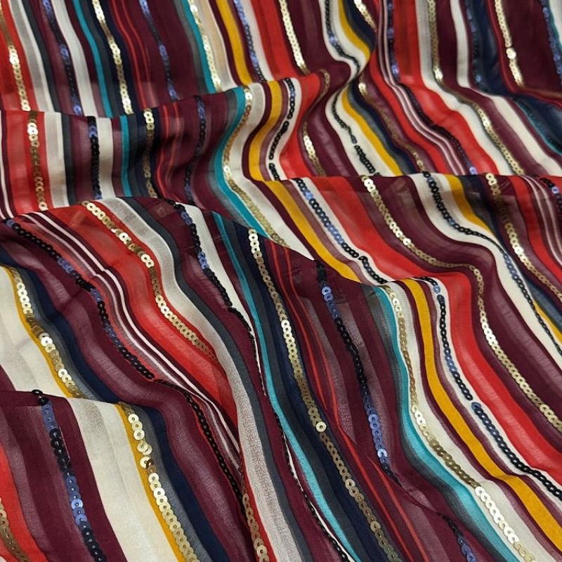 カラフルなストライプ刺繍スパンコール生地エスニックスタイルシ - Ethnic Fashion Designers のレビューと価格