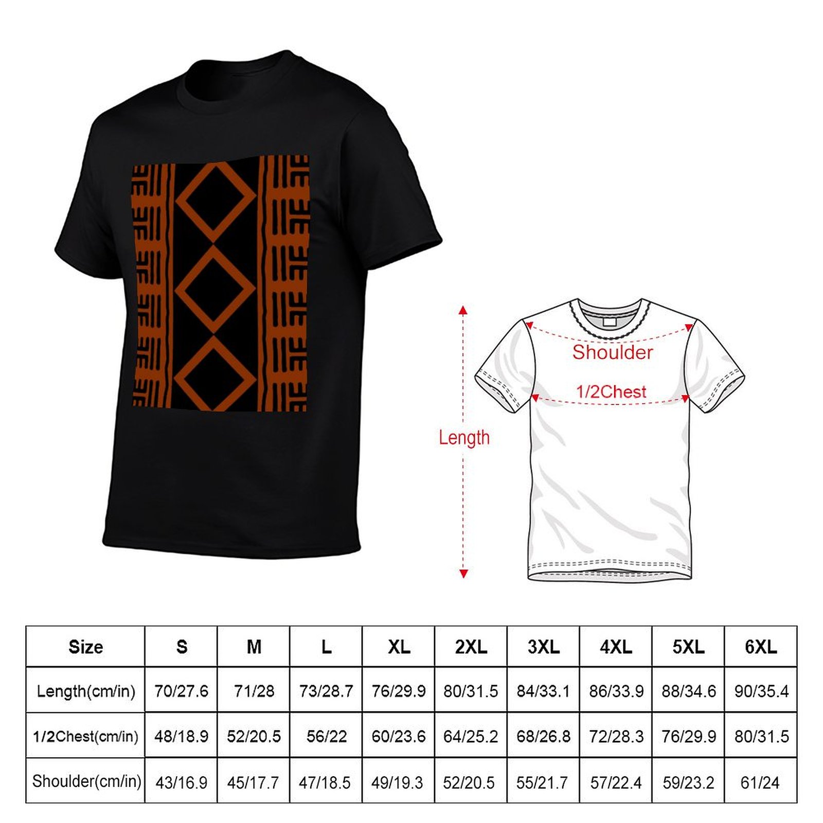 錆色のアフリカンマッドクロスTシャツ ビッグサイズ クルーネ - Mudcloth Print Top のレビューと価格