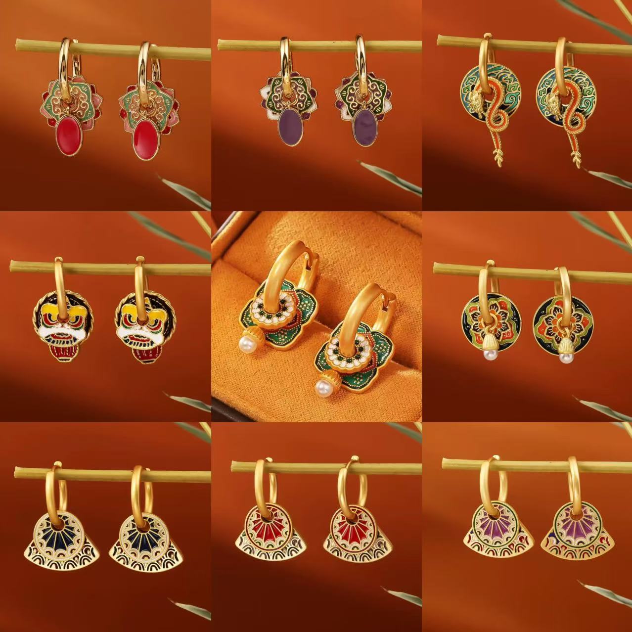 S925 新中国風のイヤリング女性のためのカラフルな塗装エナ - Ethnic Fashion Way のレビューと価格