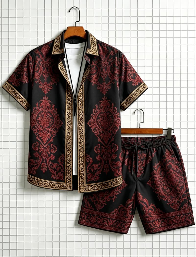 メンズエスニック柄プリント半袖シャツとショートパンツのセット - Ethnic Style のレビューと価格