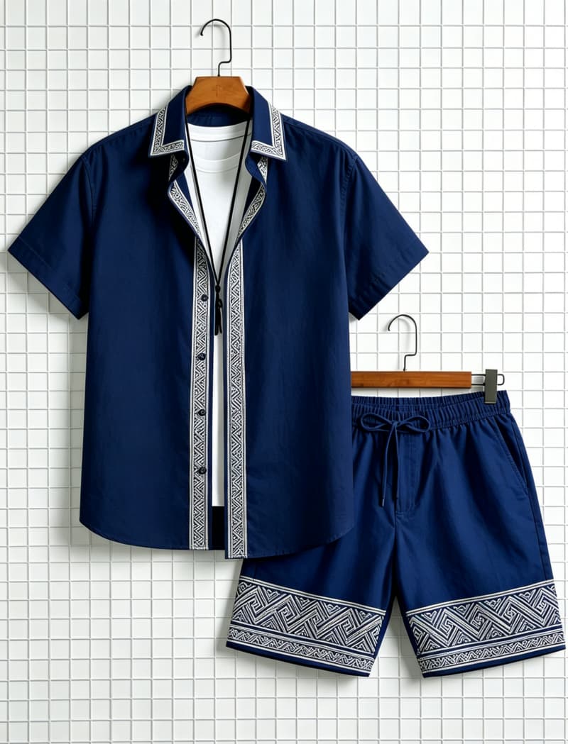メンズエスニック柄プリント半袖シャツとショートパンツのセット - Ethnic Style のレビューと価格