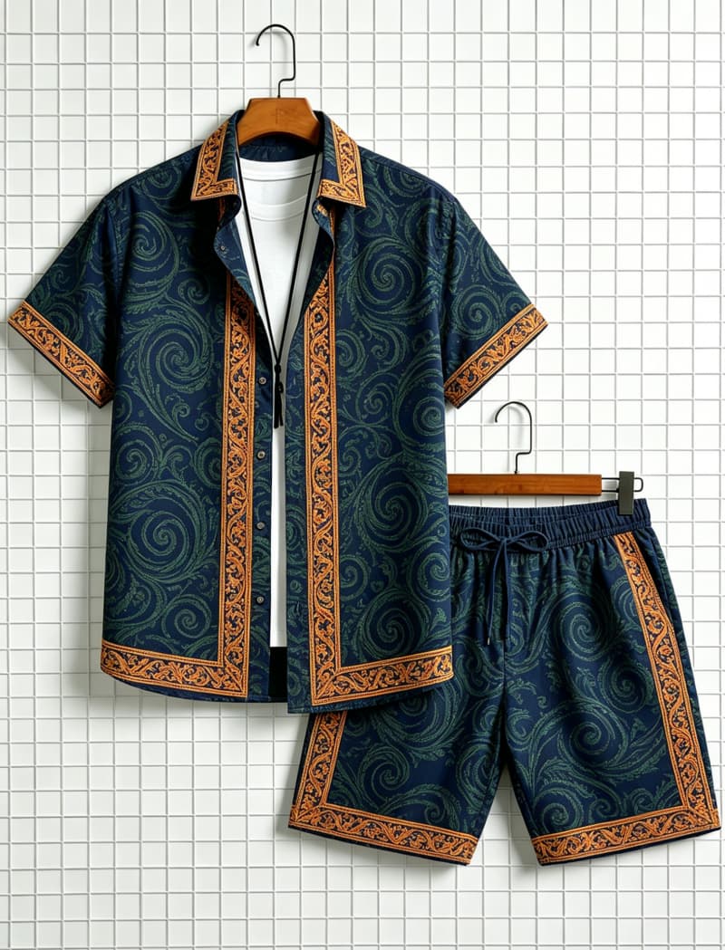 メンズエスニック柄プリント半袖シャツとショートパンツのセット - Ethnic Style のレビューと価格