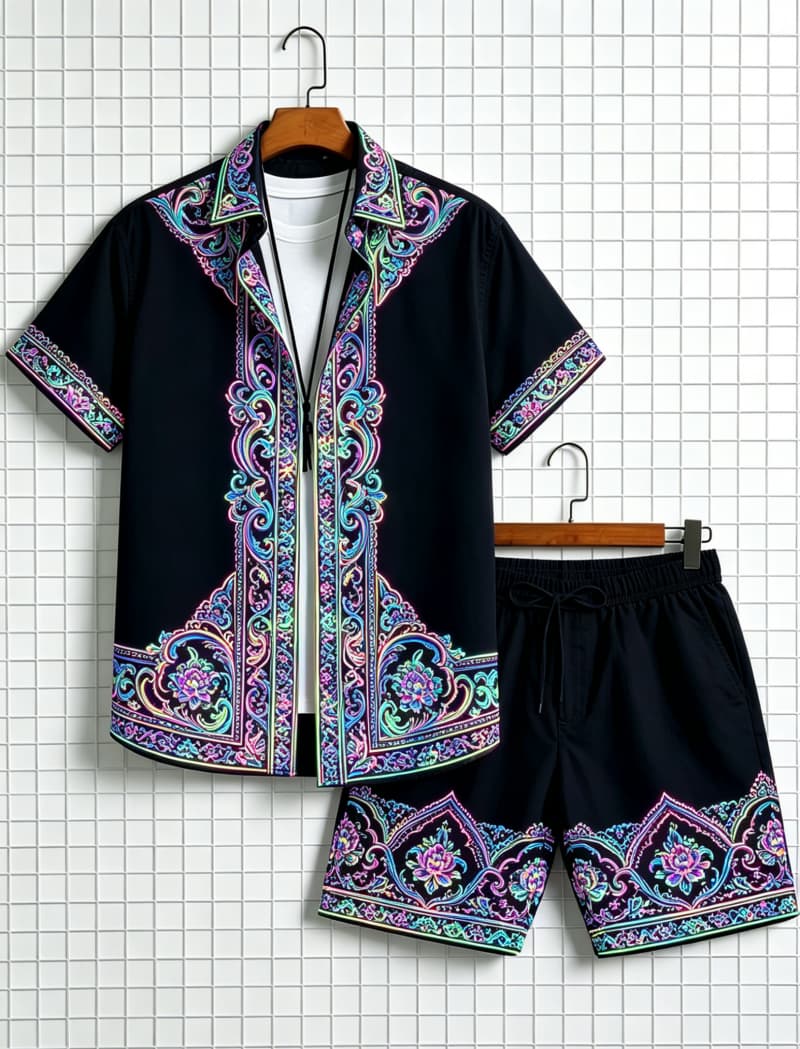 メンズエスニック柄プリント半袖シャツとショートパンツのセット - Ethnic Style のレビューと価格