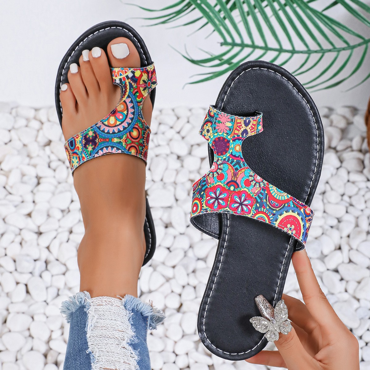 幅広エスニックフラットサンダル レディース 夏用 通気性プリ - Women'S Ethnic Fashion Brands のレビューと価格