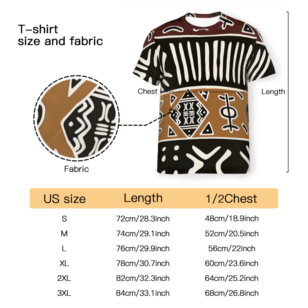 男性用3DプリントのポリエステルルーズTシャツ,ユニセックス - Mudcloth Print Top のレビューと価格